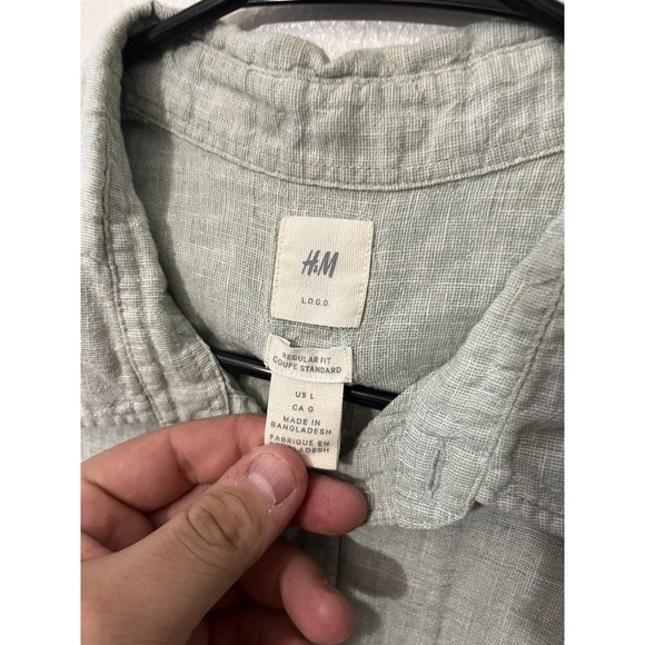 H&M Men's Long Sleeve Button Up Regular Fit Linen Blend Shirt Size L Green - Picture 4 of 6